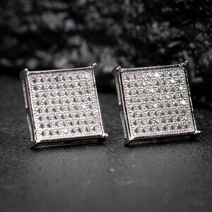 Men's 925 Sterling Silver Hip Hop Square Flat Screen Stud Screw Back Earrings